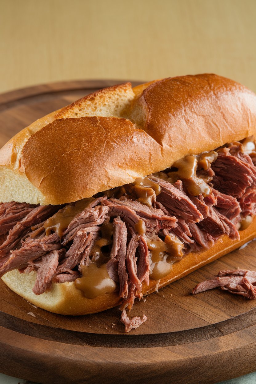 An indoor sandwich board with a po-boy stuffed with shredded roast beef debris and gravy, bread slightly soaked. No text or logos. Photo.