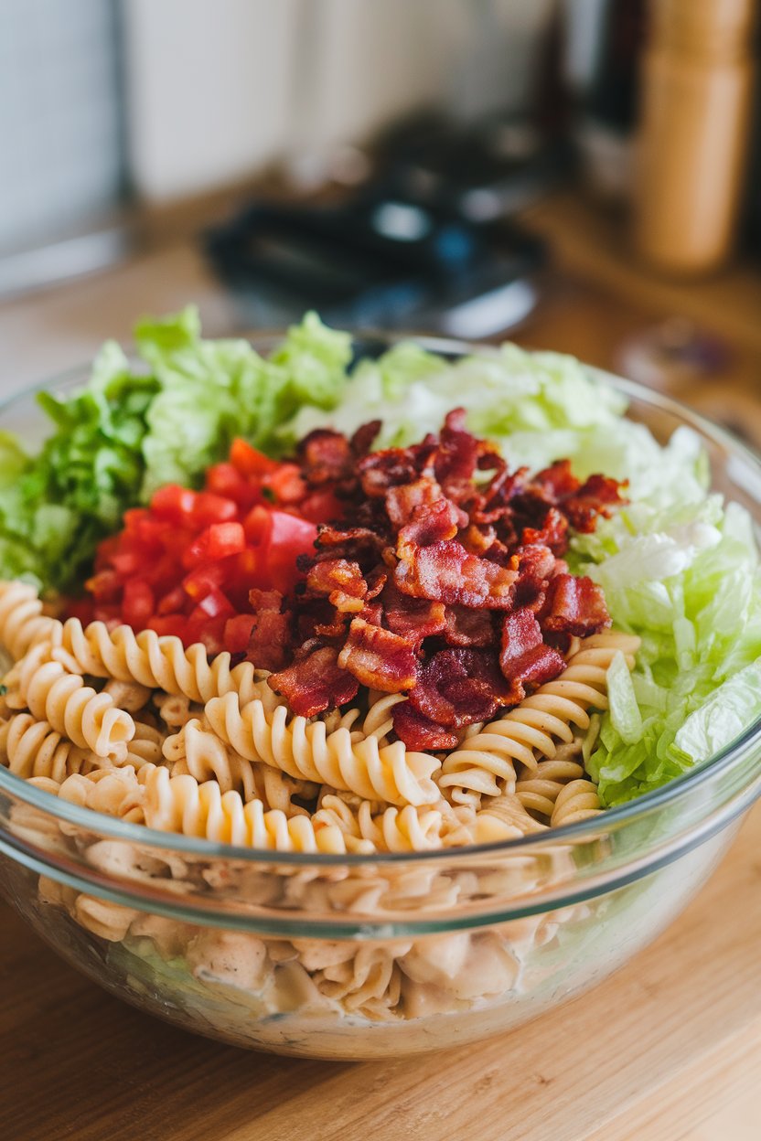 Indoor mixing bowl filled with rotini pasta, bacon pieces, diced tomatoes, and shredded lettuce tossed in creamy dressing. No text or logos.