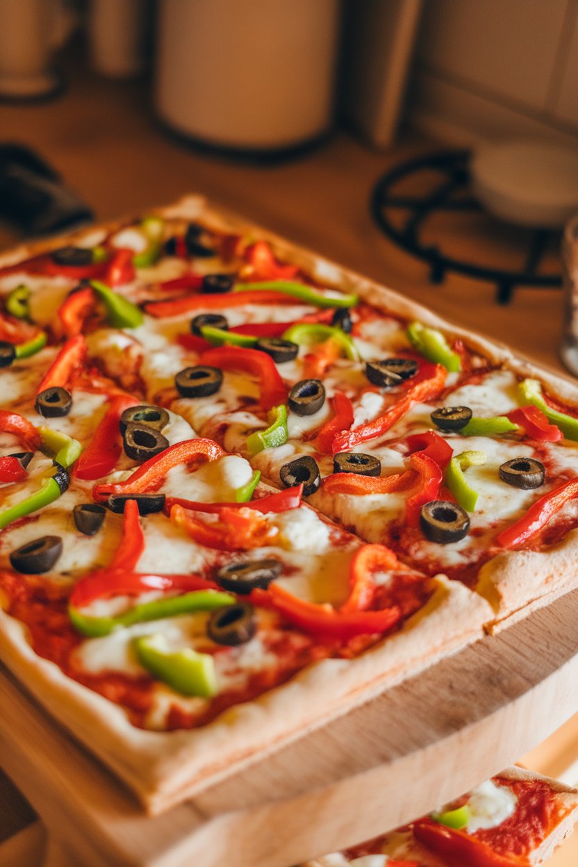 Photo of sheet-pan veggie pizza cut into squares indoors, topped with bell peppers, olives, and mozzarella, no text or logos