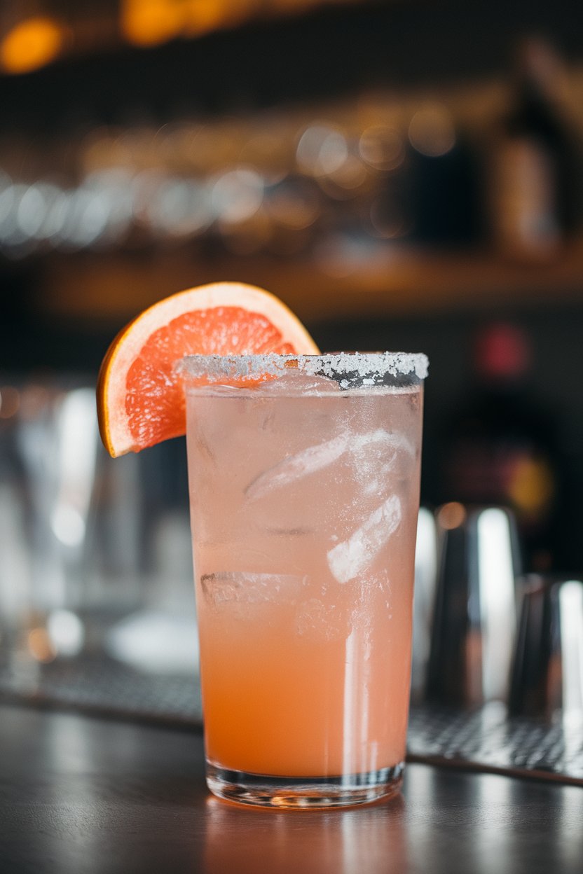 An indoor bar surface with highball glasses of blush-pink paloma, salted rim, grapefruit wedge perched on edge; photo, not illustration; no text or logos.