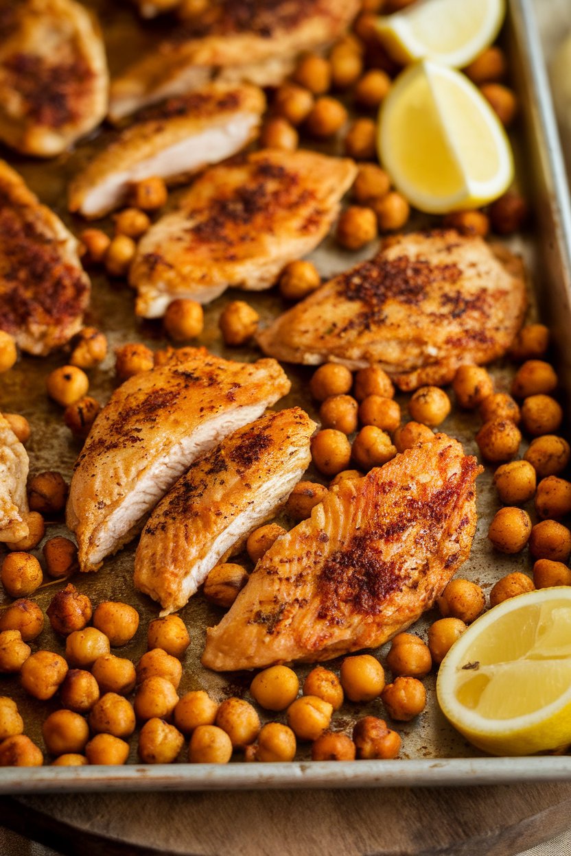 Indoor photo of spiced chicken strips and crunchy roasted chickpeas on a sheet pan, both golden with shawarma spices, plus lemon wedges. No text or logos.