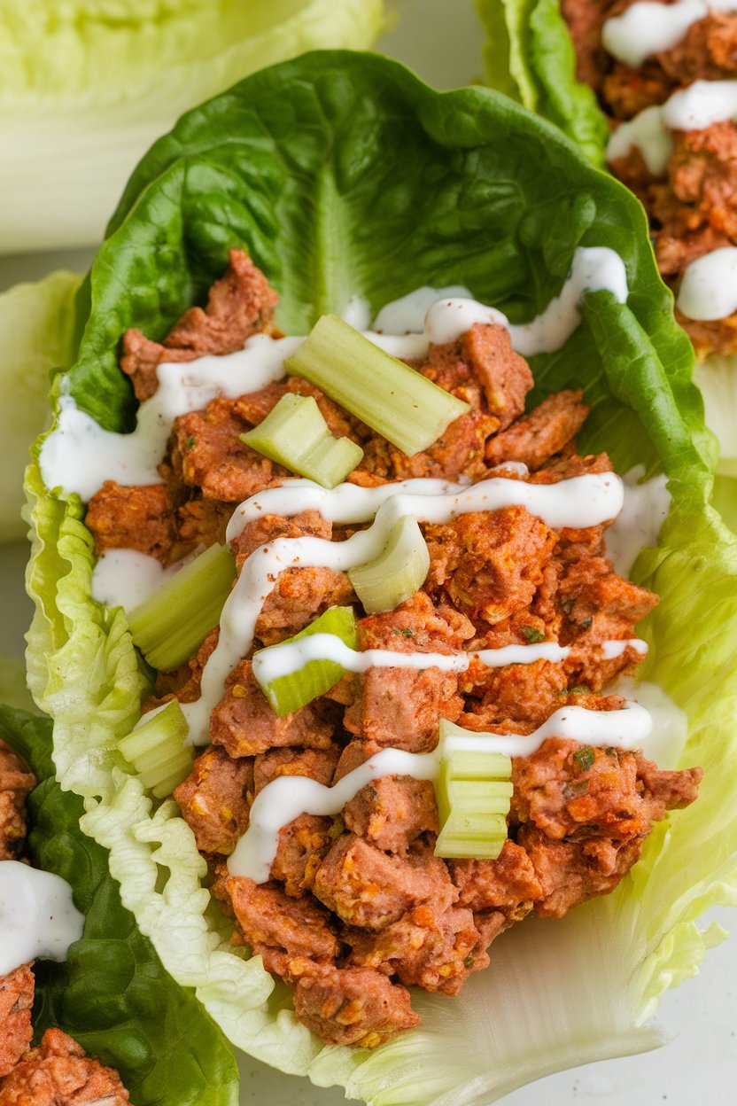 Indoor photo of crisp romaine leaves filled with buffalo-style ground turkey, celery bits, and a drizzle of yogurt ranch, no text or logos.