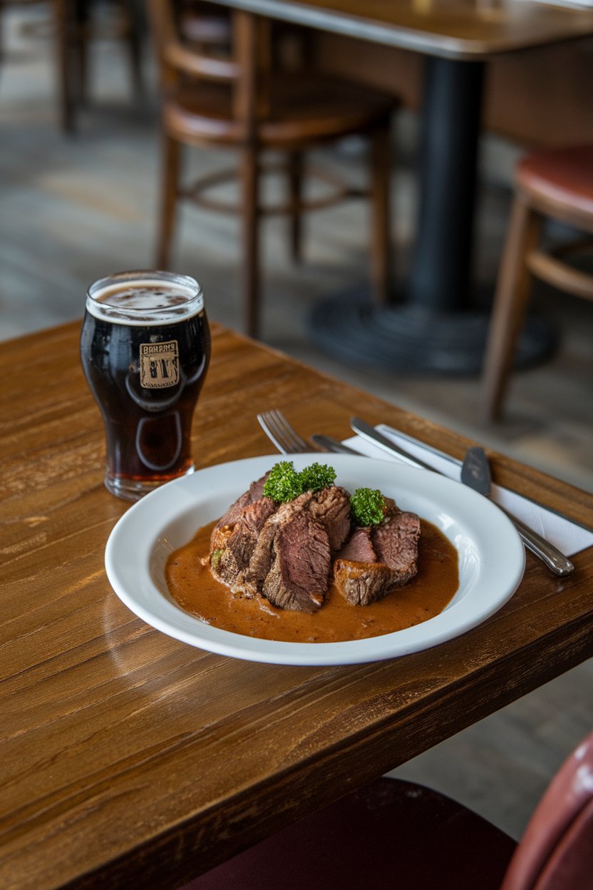 Indoor pub-style table with a dark ale in a glass next to a plate of pot roast in amber gravy, topped with parsley. No logos or text.
