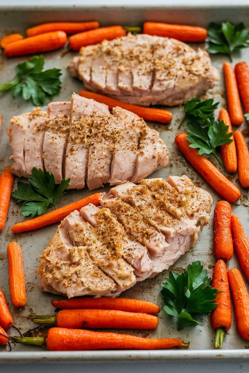 Indoor shot of turkey cutlets sprinkled with ranch seasoning, roasted baby carrots, and a few parsley leaves on a sheet pan. No text or logos.