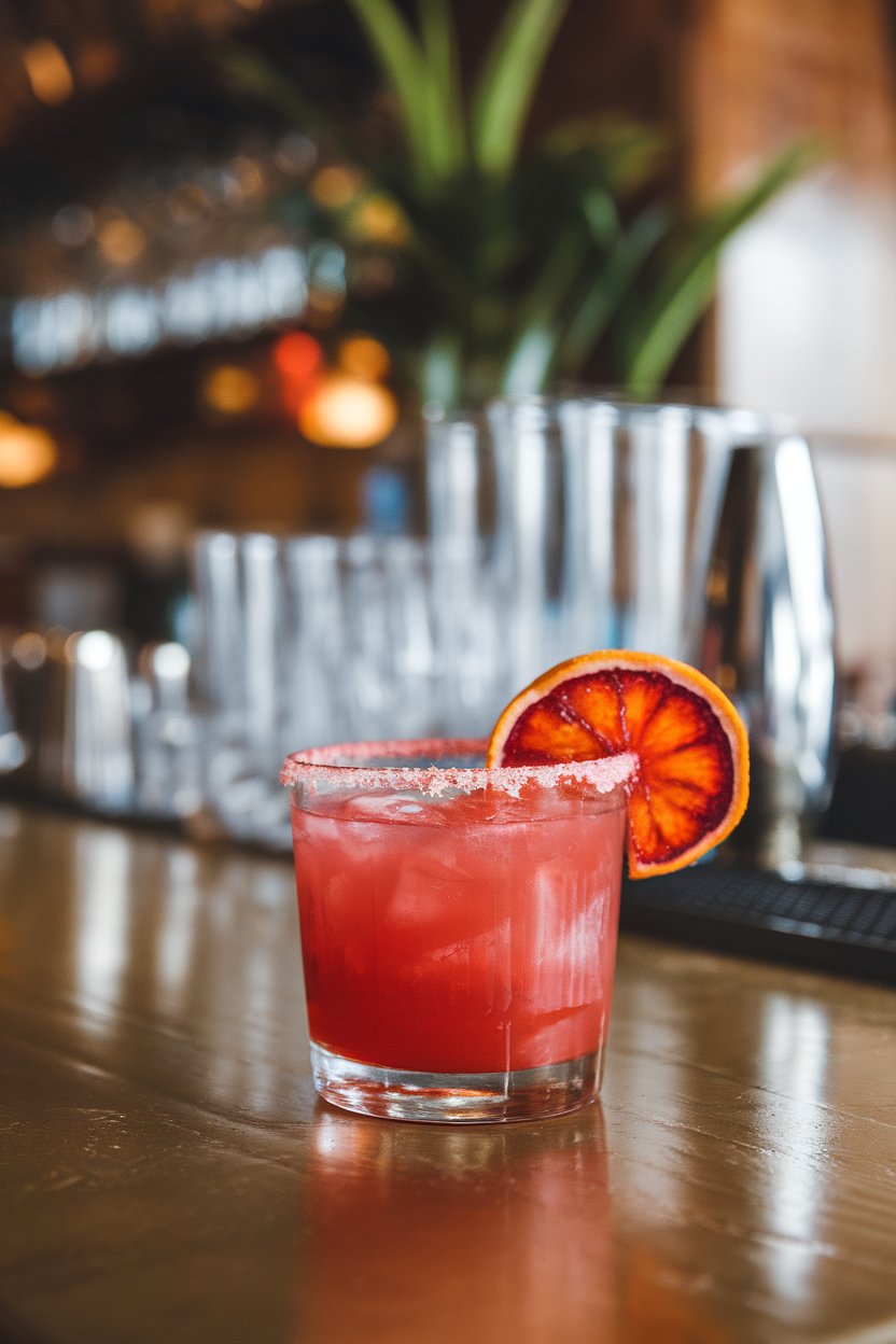 An indoor cantina-style bar with rocks glasses of vivid crimson margarita, half-salt rim, and blood-orange wheel; photo, not illustration; no text or logos.