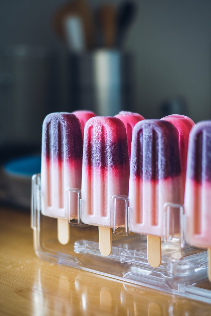 Indoor countertop with clear popsicle molds holding pink and purple frozen pops, light reflections highlighting frosty surface. No logos or text; photo only.