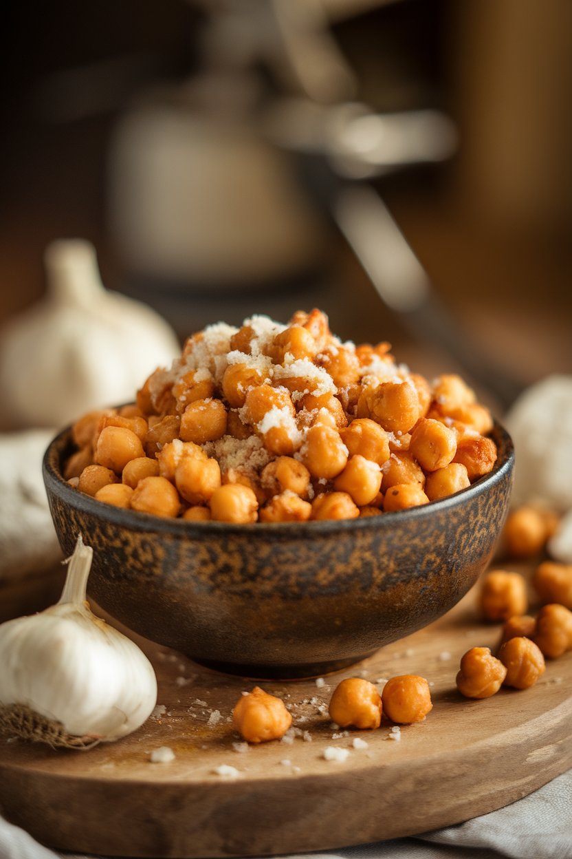 Indoor photo of crunchy roasted chickpeas seasoned with parmesan and garlic in a rustic bowl. No logos visible.