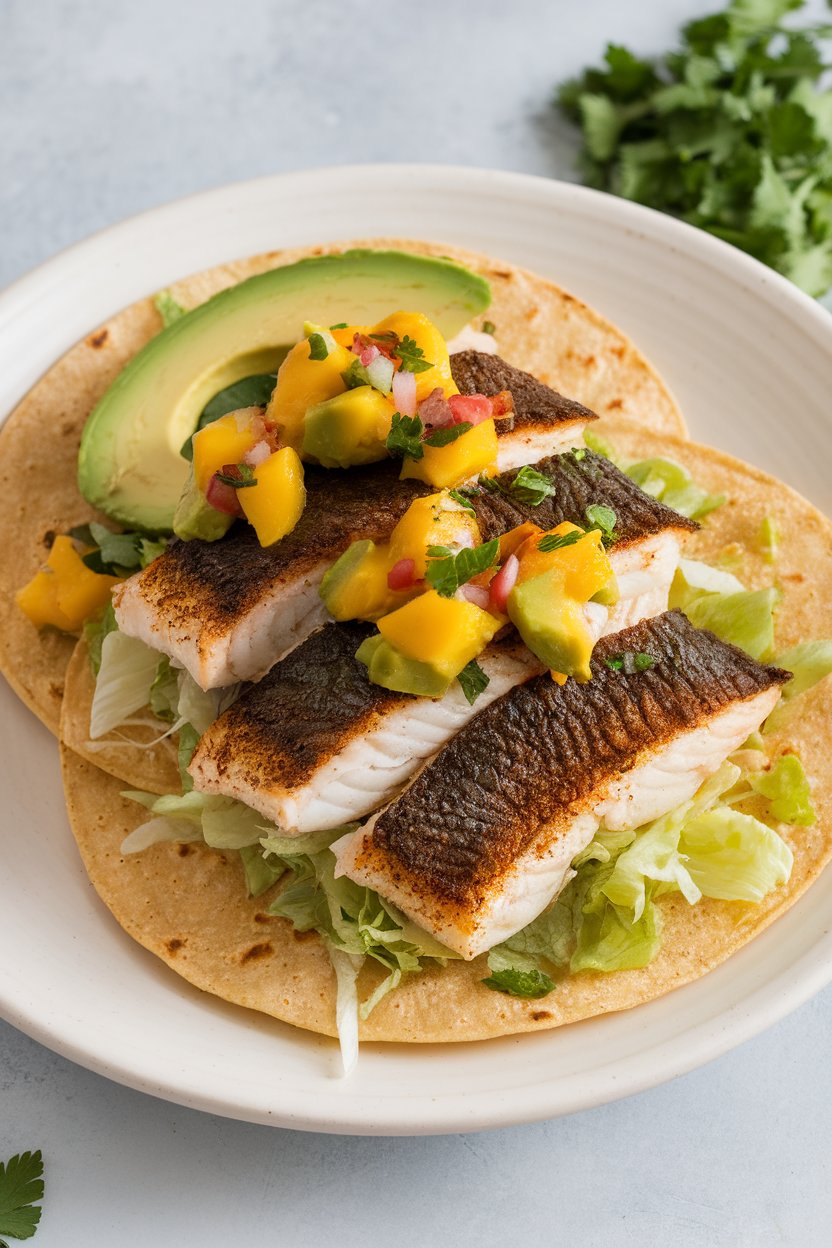 Indoor photo of corn tortillas filled with flaky blackened white fish, mango salsa, avocado slices, and shredded lettuce. No text or logos.