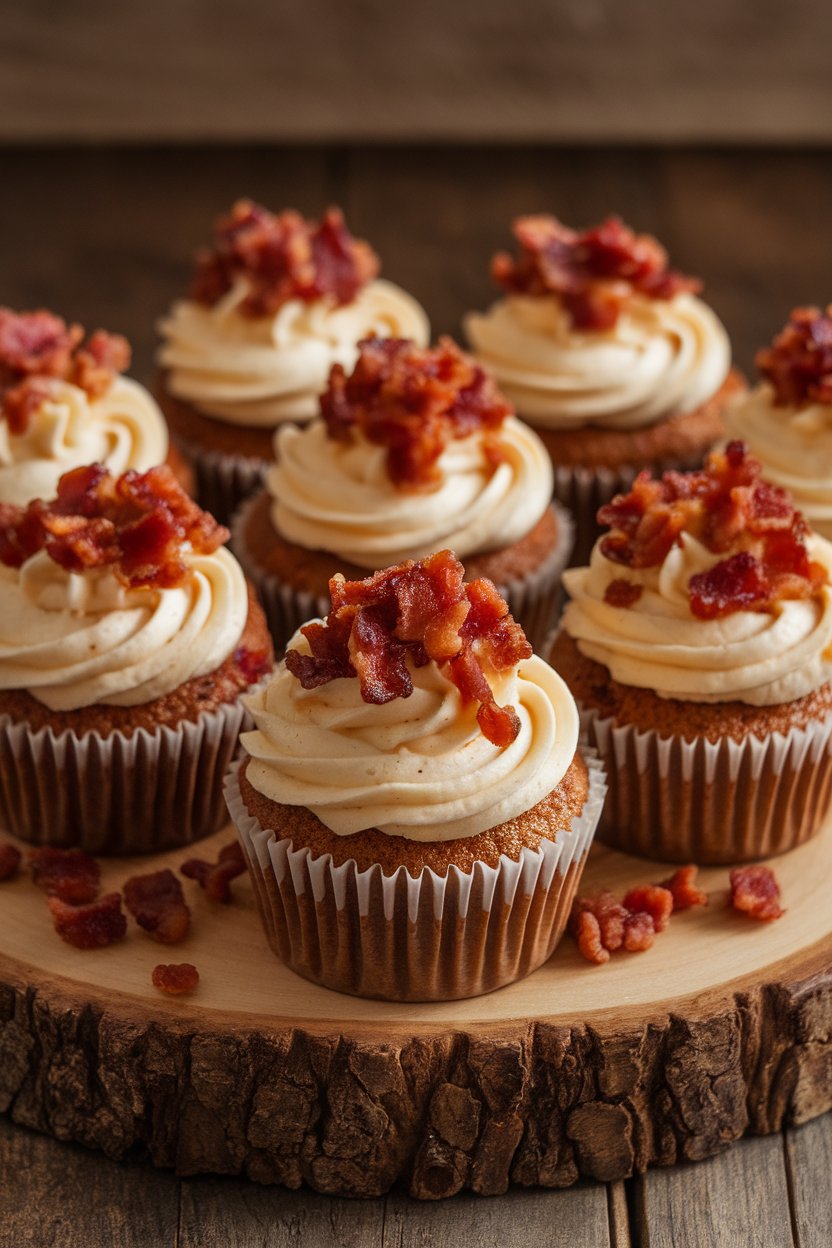 Indoor photo of cupcakes topped with maple frosting and candied bacon bits, no text or logos