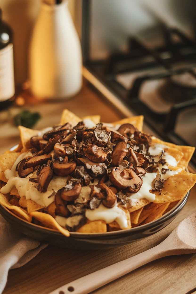 Warmly lit kitchen scene of nachos covered with sautéed mushrooms, melted fontina, and truffle oil drizzle; no text or logos, photo not illustration.