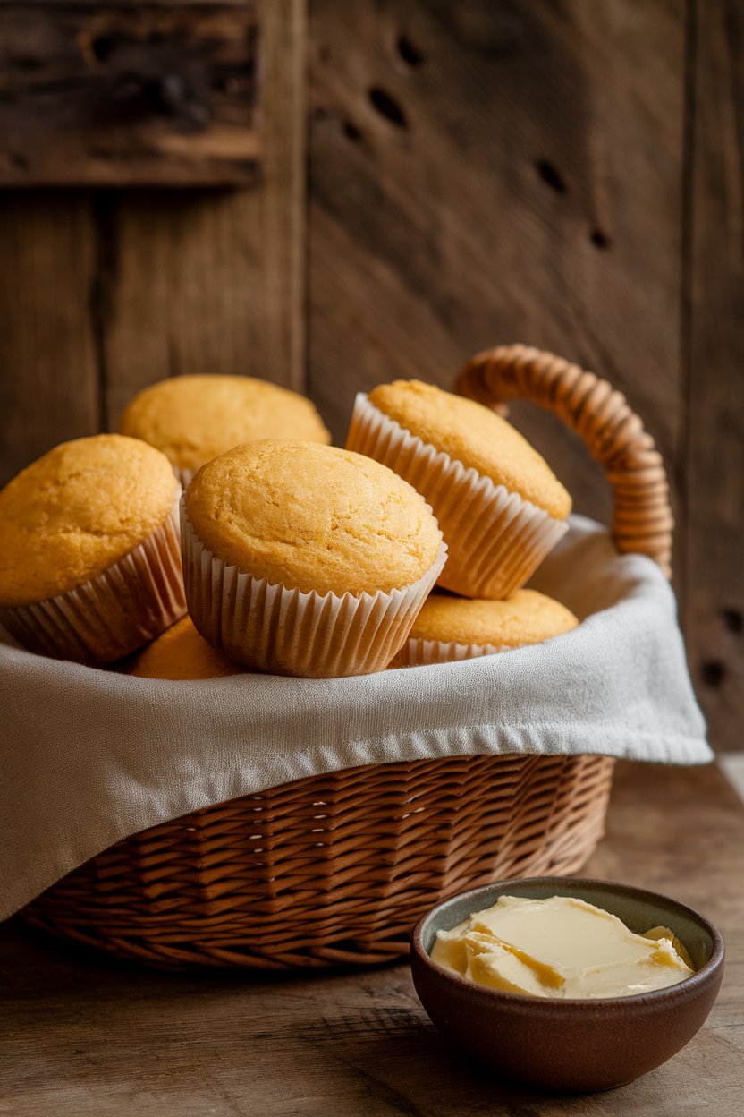 Indoor photo of a basket lined with cloth holding golden cornbread muffins, honey butter on the side; no text or logos.