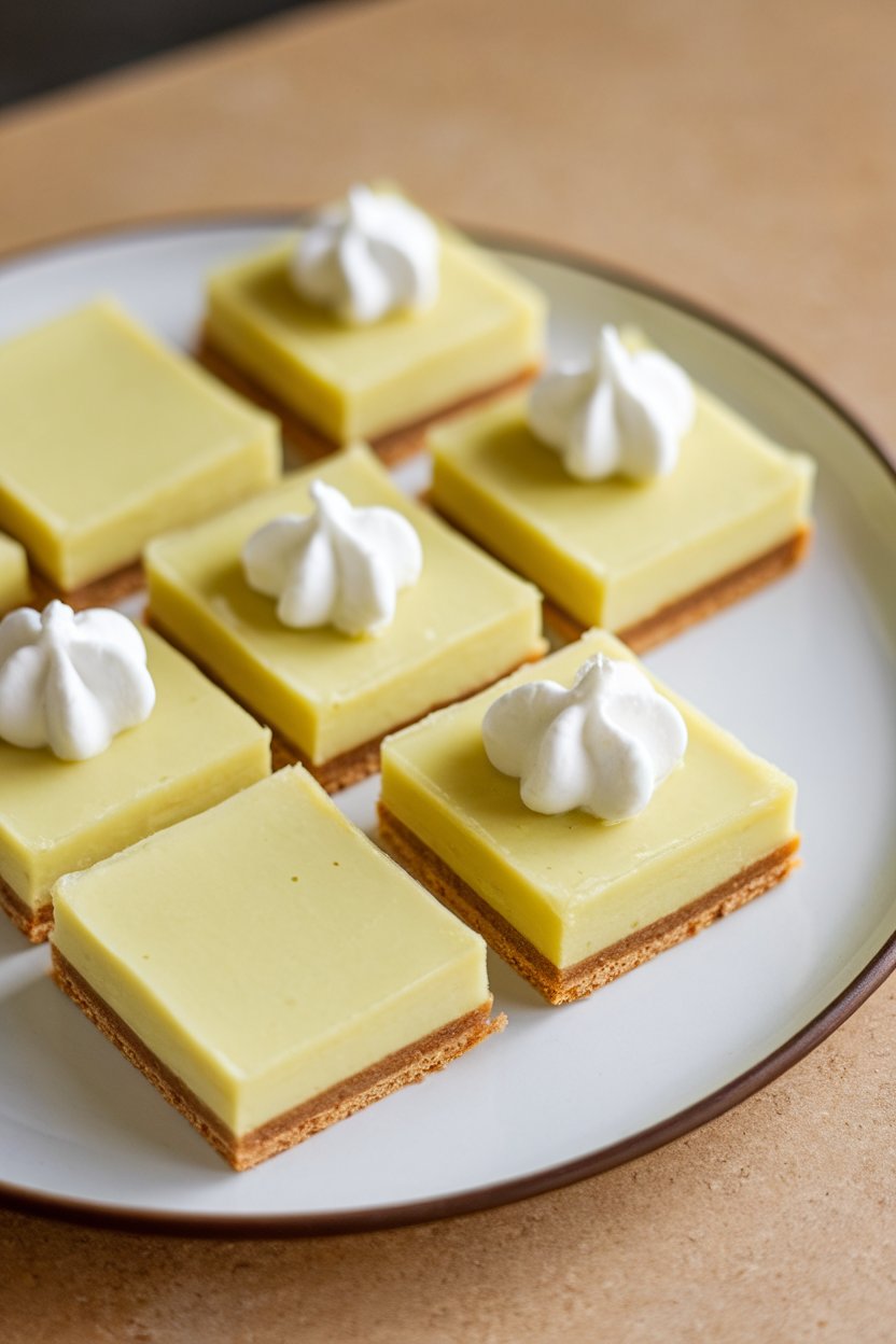Photo of square key lime pie bars with graham crust, tiny dollops of whipped cream on top, indoor lighting. No text or logos.