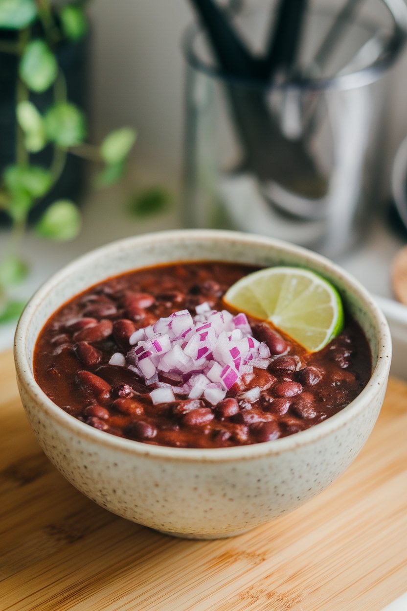 Indoor photo of a thick black bean soup garnished with diced red onion and a lime wedge; no text or logos present.