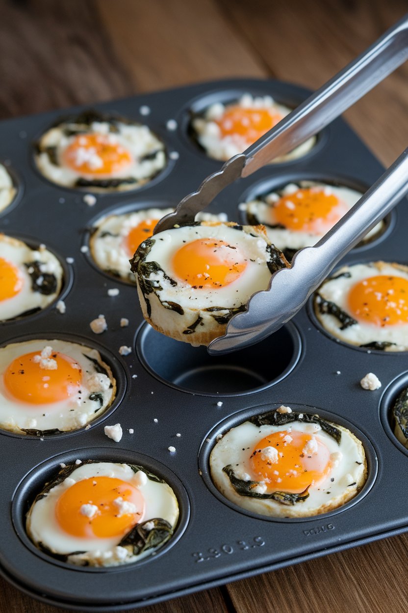 An indoor muffin pan filled with mini egg white cups flecked with spinach and feta, one cup lifted by tongs. No text or logos. Photo, not illustration.