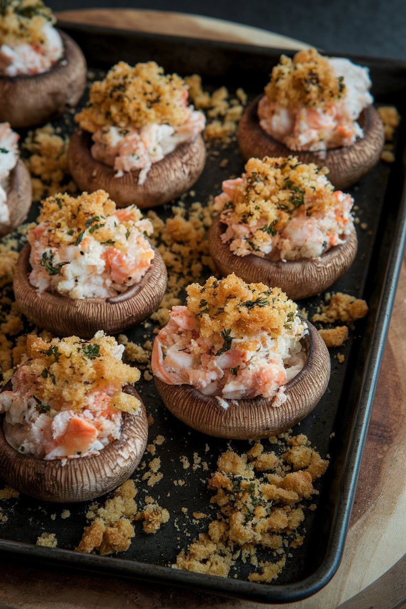 Indoor photo of a dark baking sheet holding browned mushroom caps overflowing with cooked crab filling and herb breadcrumbs; no text or logos