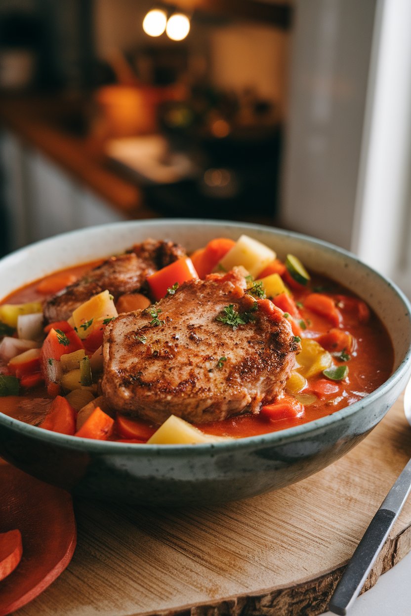 Hearty bowl of vegetable tomato stew with pork chop pieces, indoor lighting, no text or logos.