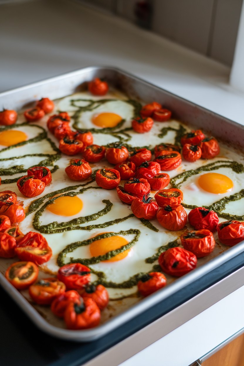 A sheet pan on an indoor countertop showing baked eggs mingling with blistered cherry tomatoes and ribbons of green pesto, photographed at a 45-degree angle. No text or logos.