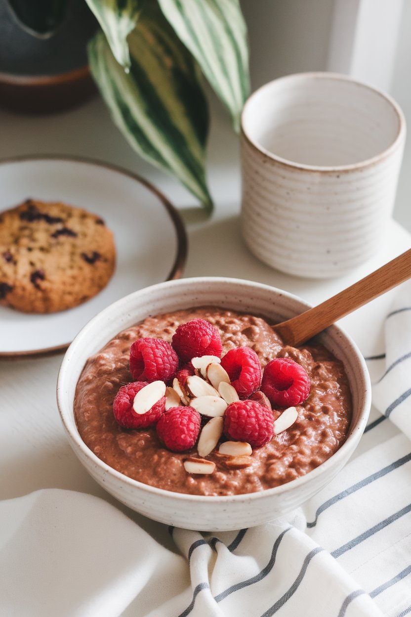 Indoor breakfast bowl of cocoa-colored oats topped with sliced almonds and raspberries. No text or logos visible.