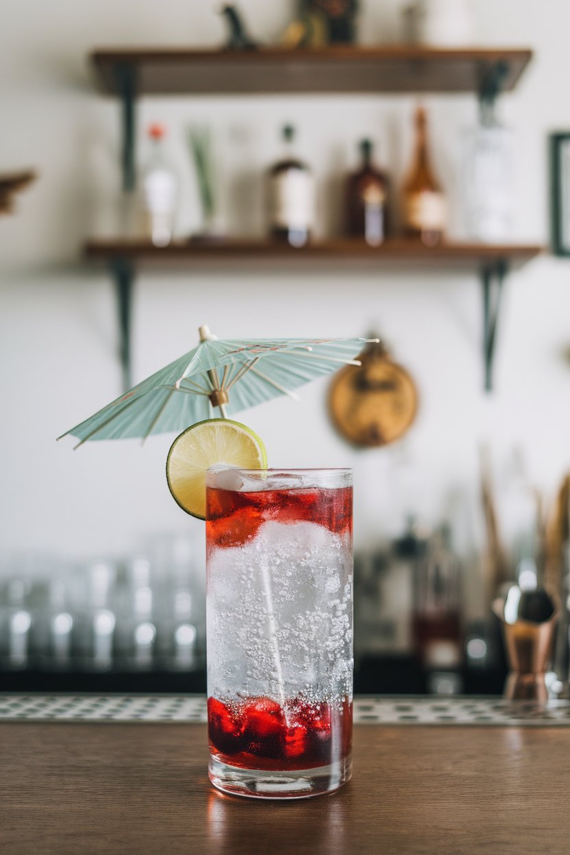 Indoor bar scene of a highball glass layered with red cherry syrup at the bottom and bubbly clear soda on top, lime wheel garnish. Photo only, no logos.