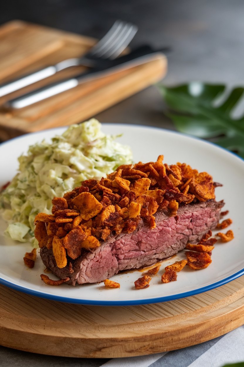 Indoor plate of beef with crushed BBQ potato chip crust, side of coleslaw. No logos or text.