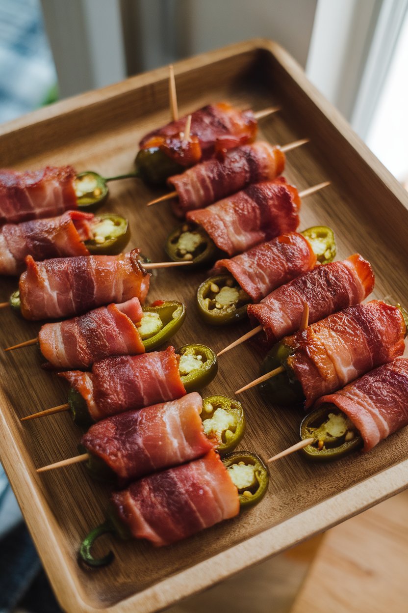A wooden tray indoors featuring jalapeño halves wrapped tightly in bacon strips, toothpicks visible, glaze caramelized. No text or logos.