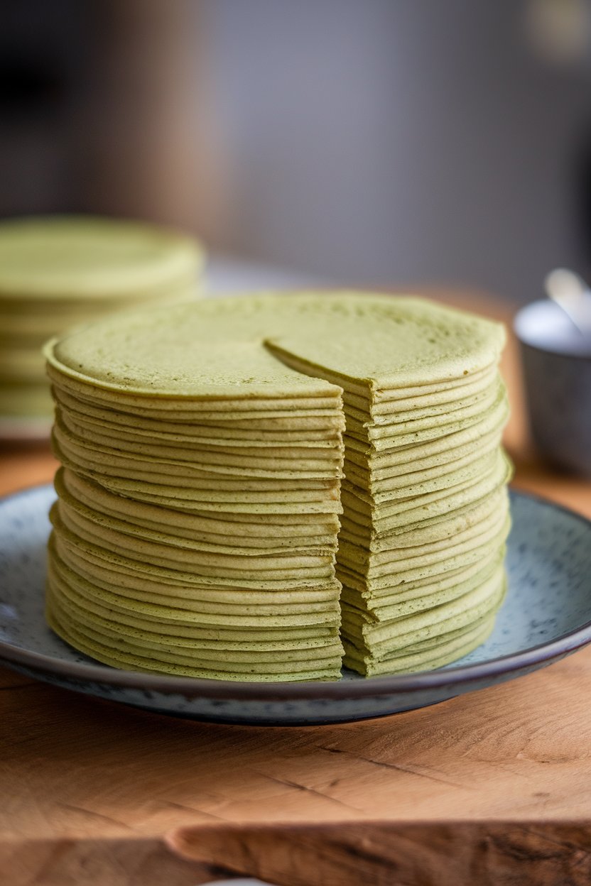 An indoor patisserie plate holding a tall stack of matcha crêpes with thin layers of whipped cream, one slice removed to reveal stripes. No text or logos.