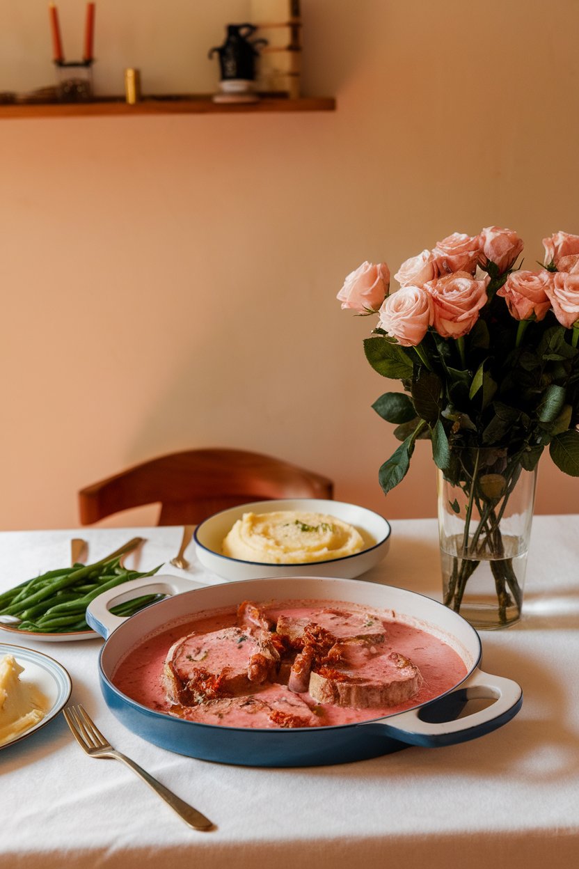 Indoor dining table with pork chops in pink sun-dried tomato cream sauce, spinach garnish, no text or logos.