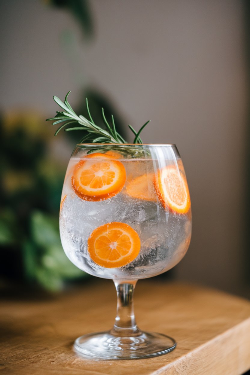 Photo of a tall Collins glass indoors with clear soda cocktail, floating sliced kumquats, sprig of rosemary, bright daylight, no text or logos