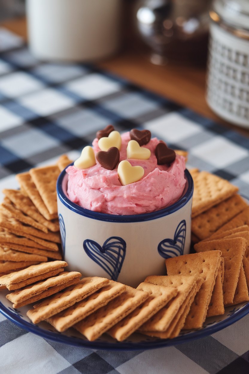 A small ceramic bowl of pink cookie dough dip studded with mini chocolate hearts, surrounded by graham crackers on an indoor table. No text or logos.