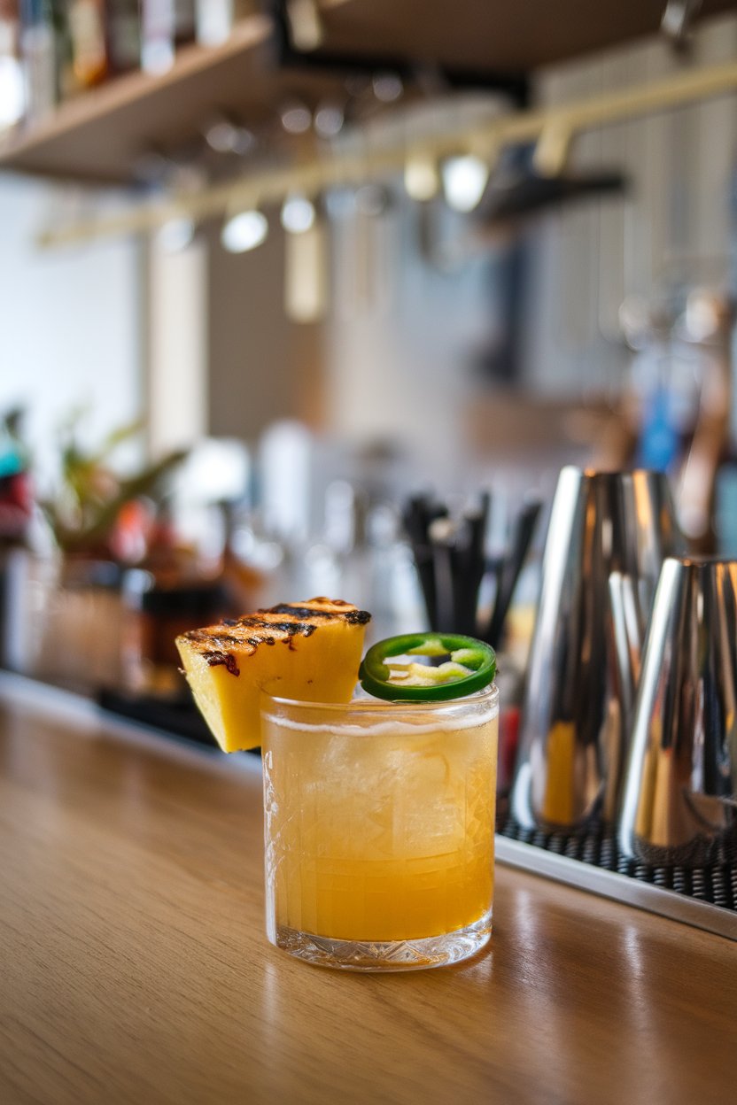 Indoor craft bar showing a rocks glass of golden drink, charred pineapple cube and jalapeño slice garnish. No text or logos.