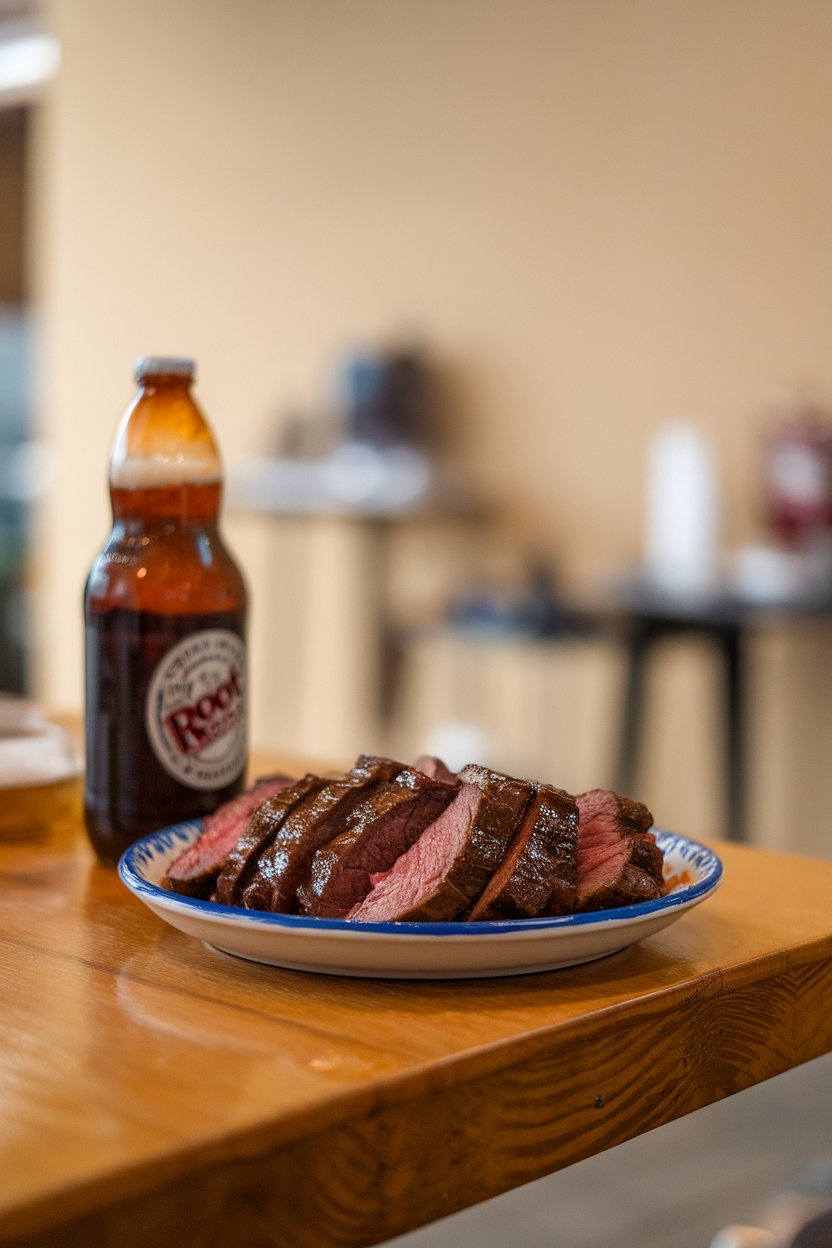 Indoor casual table with beef slices in dark root beer glaze, root beer bottle out of focus without visible label. No text or logos.