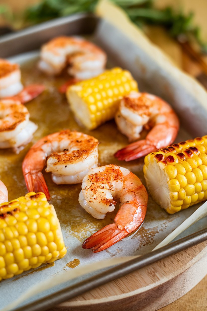 Indoor photo of Old Bay-seasoned roasted shrimp and halved mini corn cobs on a parchment-lined pan, butter melting over everything. No text or logos.