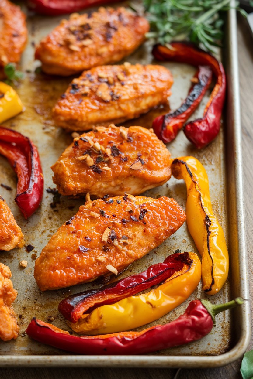 Indoor photo of orange-glazed chicken strips, roasted red and yellow peppers, and chipotle flakes on a sheet pan. No text or logos.