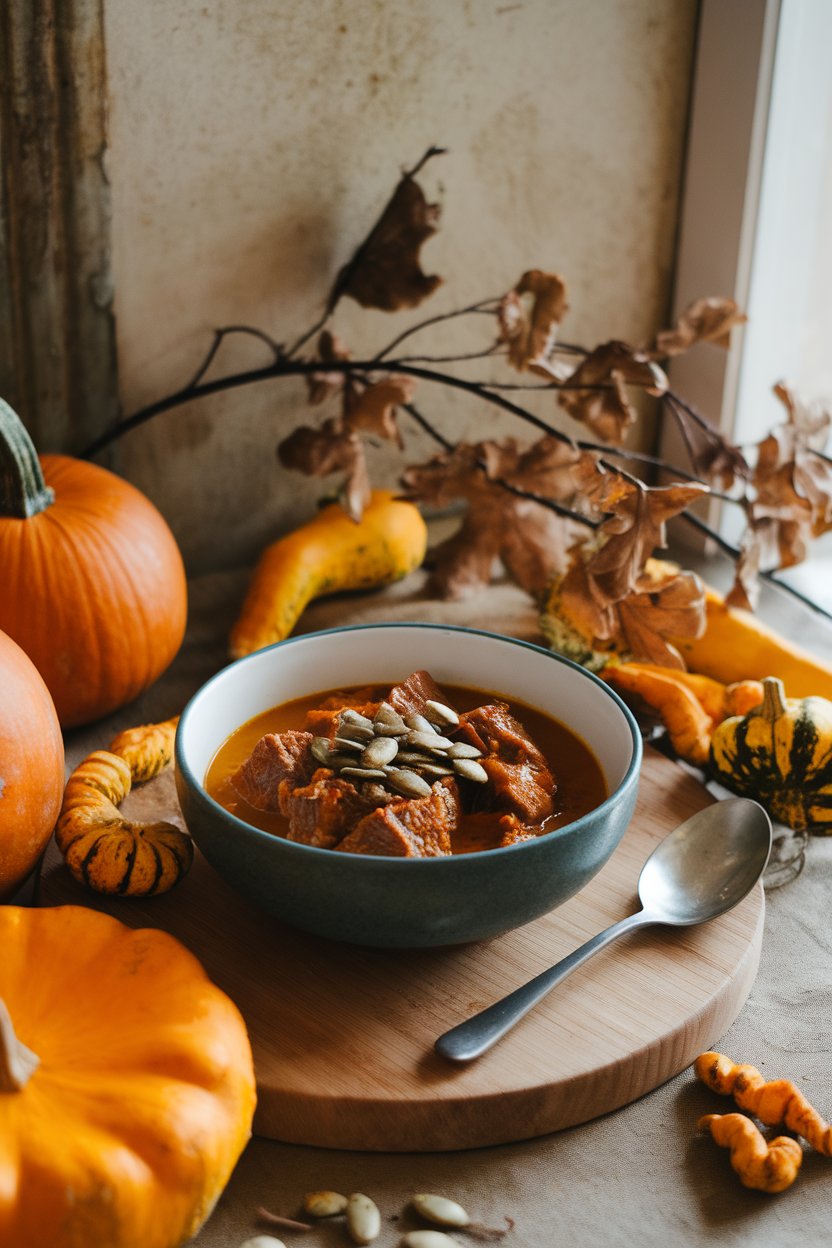 Indoor harvest table showcasing a bowl of beef stew colored by pumpkin purée, topped with toasted pumpkin seeds. No text or logos. Photo.