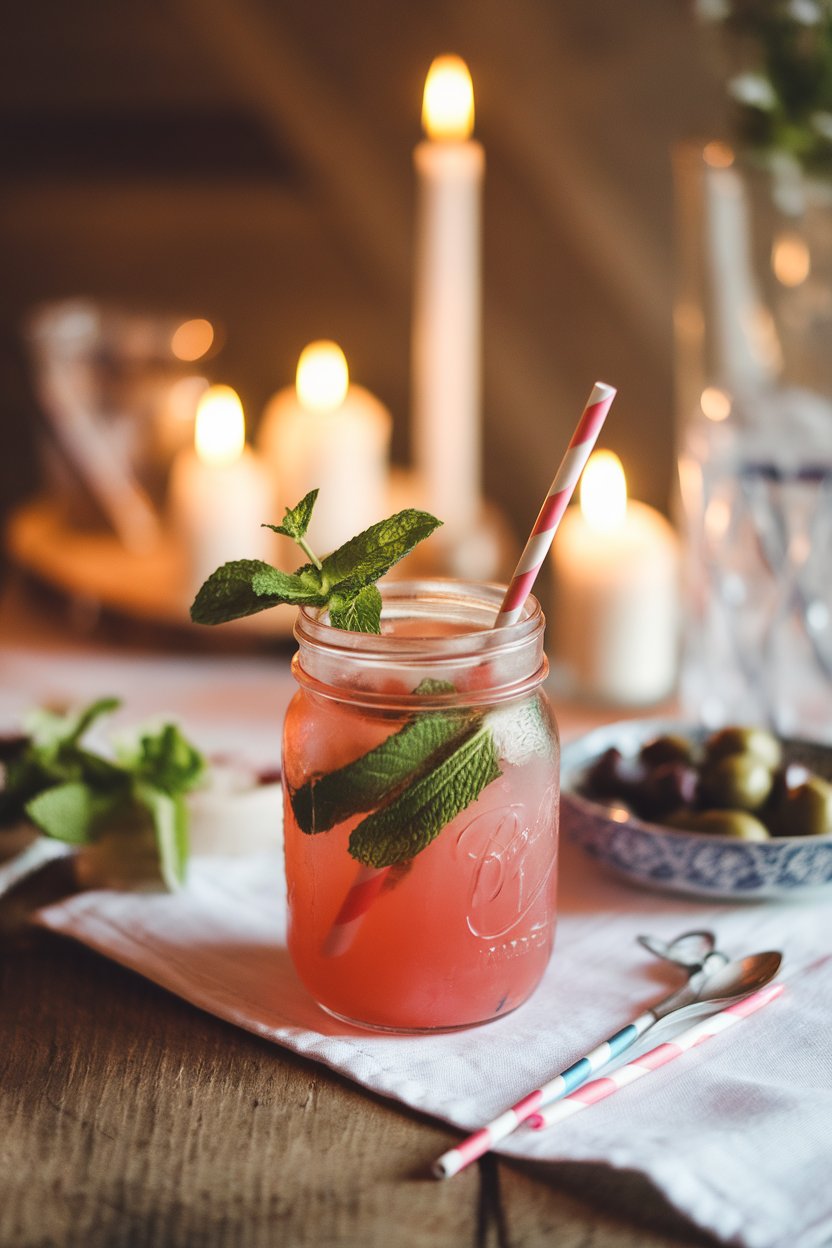 An indoor family table with mason jars of rosy watermelon mocktail, mint sprigs, and striped straws; photo, not illustration; no text or logos.