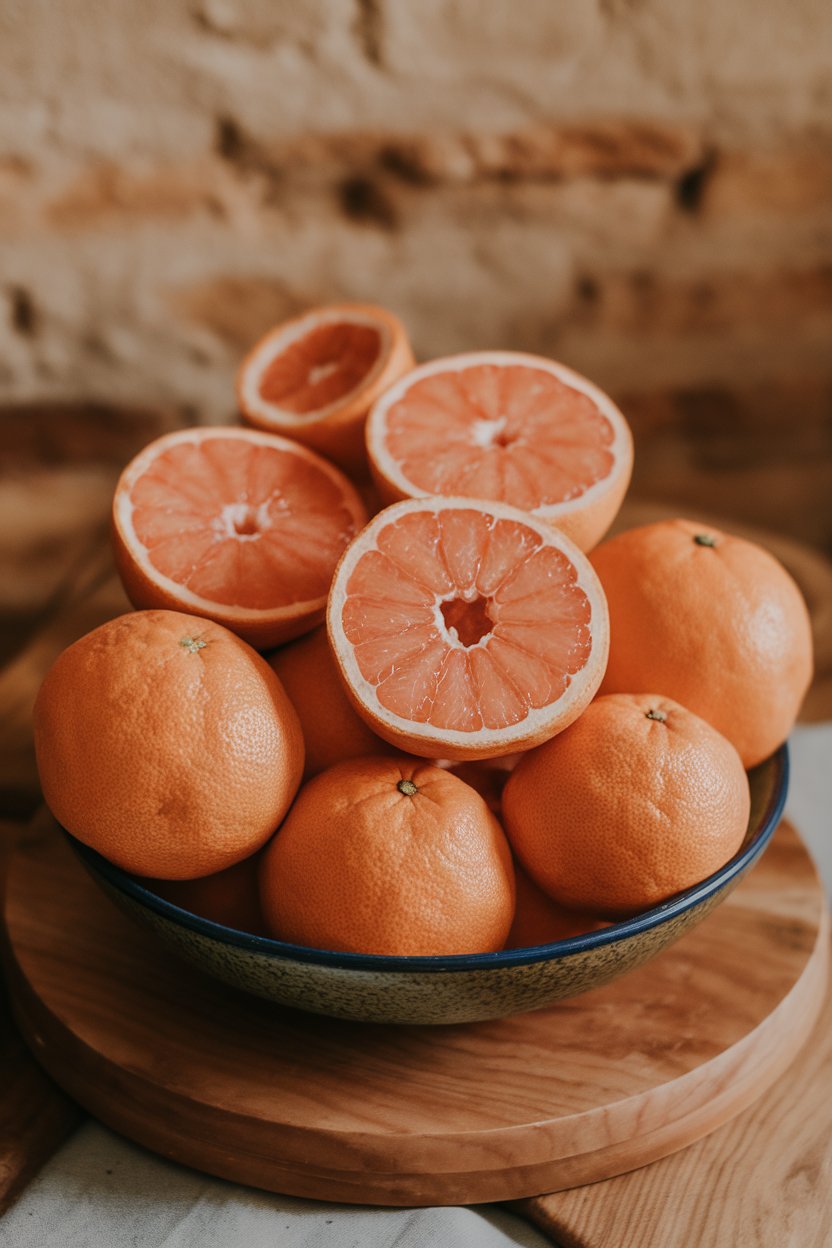 Indoor bowl of neatly segmented pink grapefruit without pith, slight sheen from juice. Photo, no text or logos.
