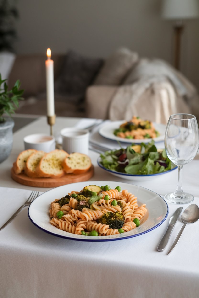 Indoor dinner table showing chickpea rotini tossed with broccoli, zucchini, and peas in a light garlic-olive oil sauce. No text or logos visible.