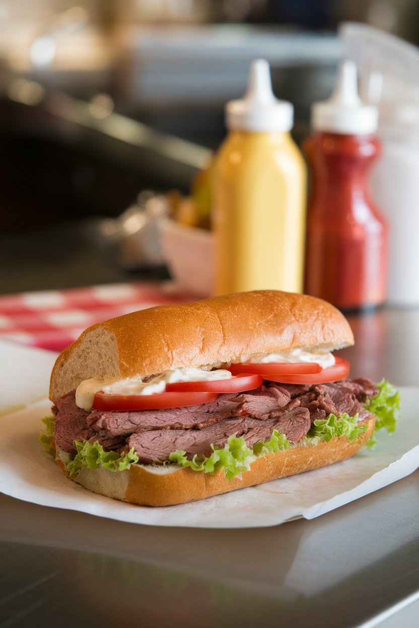 An indoor lunch counter scene showing sliced roast beef po-boy dressed with lettuce, tomato, and mayonnaise on French bread. No text or logos. Photo.