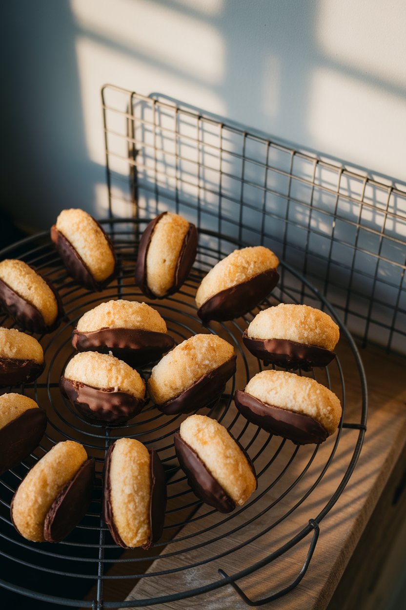 Indoor photo of golden coconut macaroons dipped halfway in dark chocolate, cooling on a wire rack. No text or logos.
