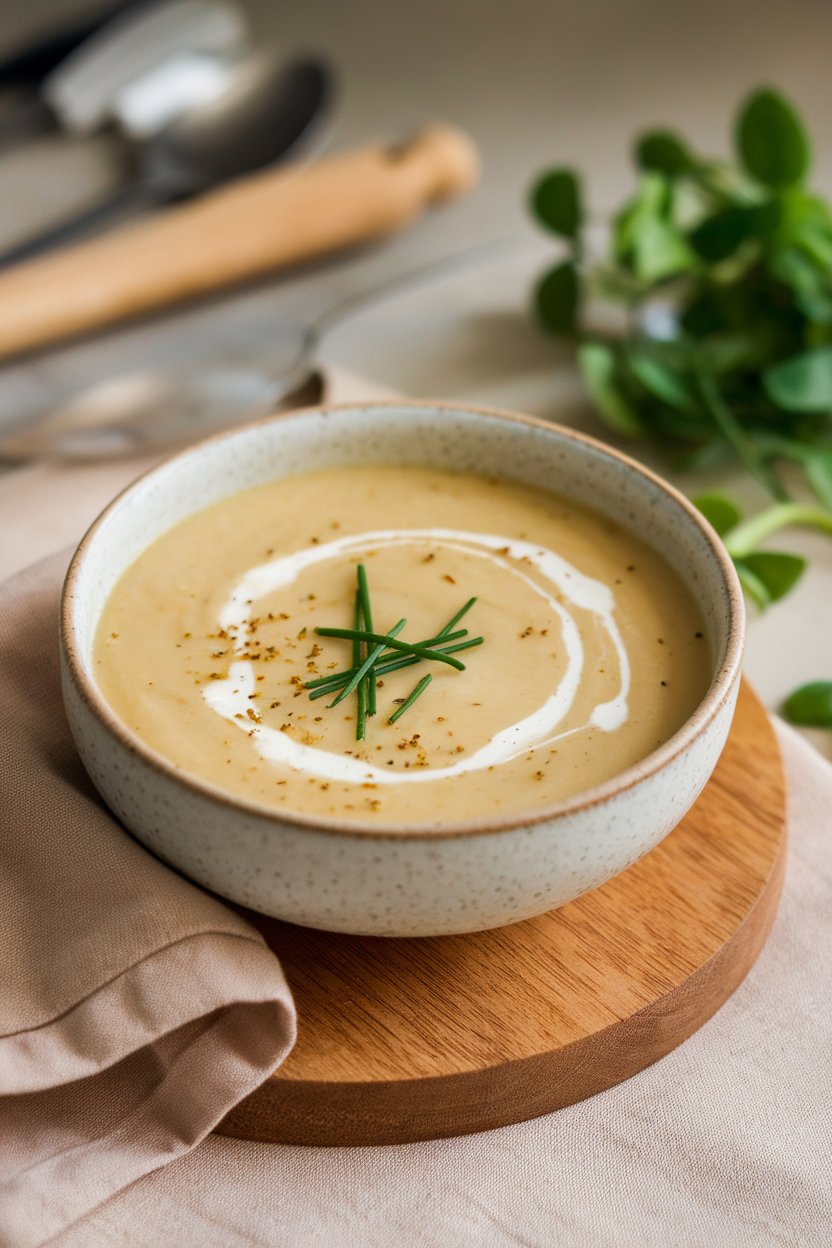 Indoor shot of classic potato leek soup—smooth ivory base with a swirl of cream and chive garnish. No text or logos. Photo.