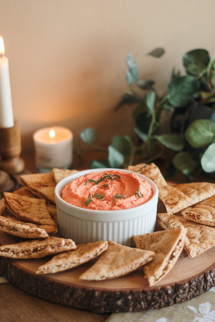 An indoor wooden table displaying a ramekin of creamy red pepper-feta dip surrounded by whole-grain pita triangles; no text or logos.