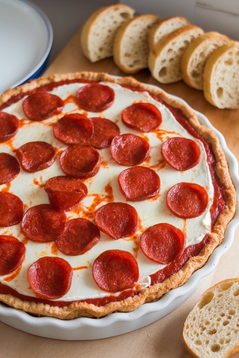 An indoor pie dish bubbling with layered pizza dip—cream cheese base, marinara, melted mozzarella, and pepperoni slices on top—baguette rounds beside—no text or logos. Photo, not illustration.