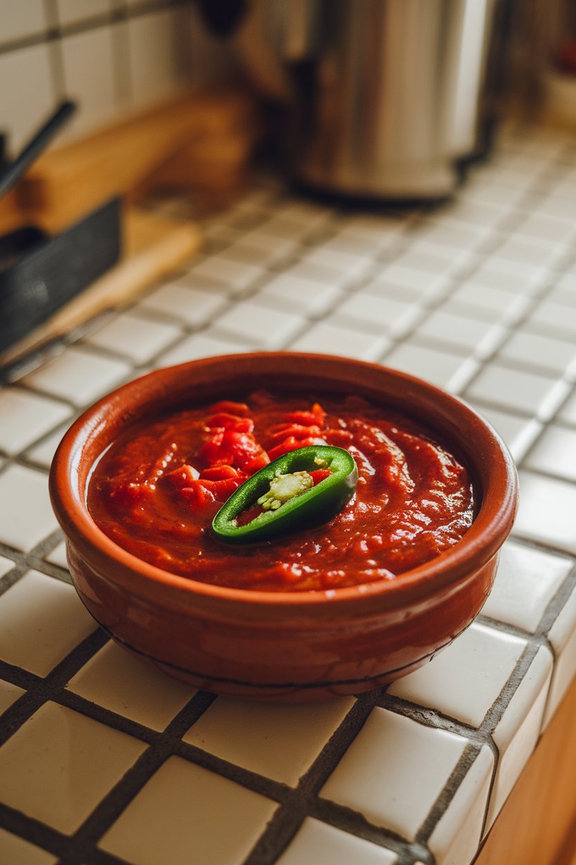 Indoor tile countertop with a clay bowl of deep red salsa roja, charred jalapeños and tomatoes visible in the background. No branding or text.