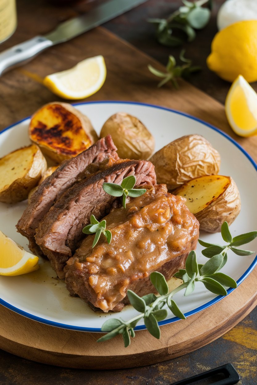 Indoor photo featuring short ribs in a light lemon glaze, oregano leaves visible, served next to roasted potatoes; no text or logos