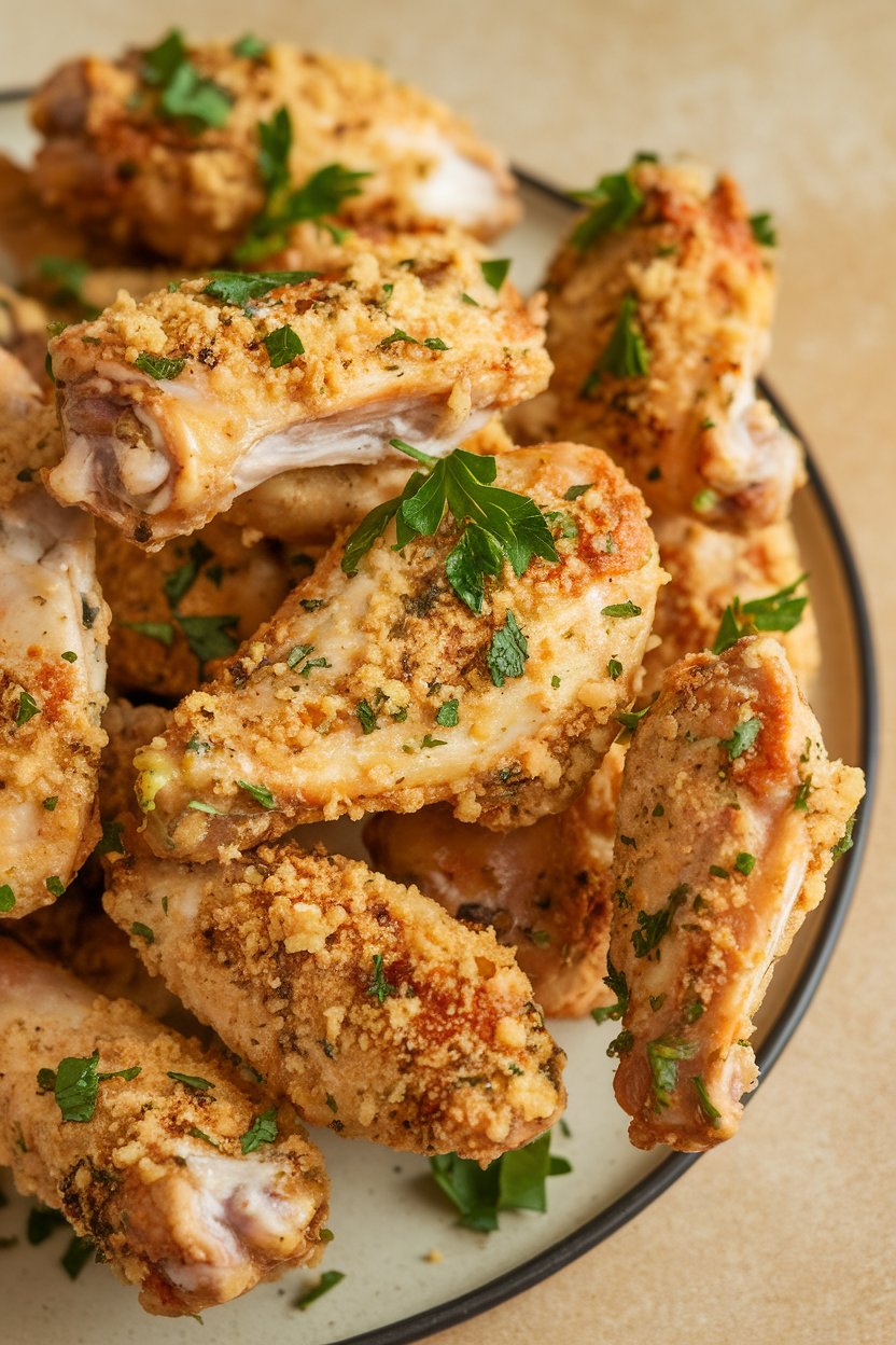 Indoor photo of cooked chicken wings tossed in a pale parmesan-garlic coating, piled on a platter with parsley sprinkled over top. No text or logos.