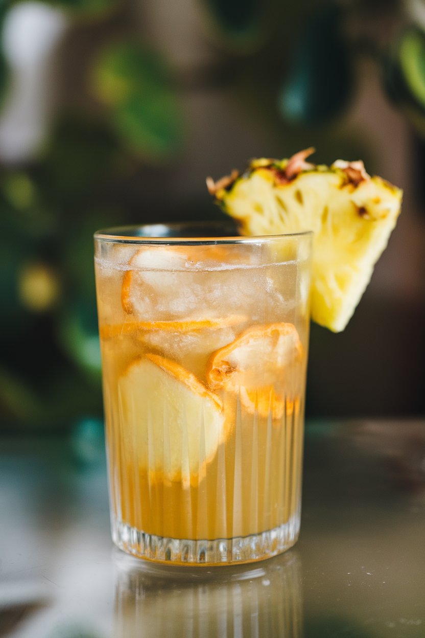 Photo indoors of a clear tumbler with golden cloudy drink, ginger slices visible, and pineapple wedge on rim; no logos.