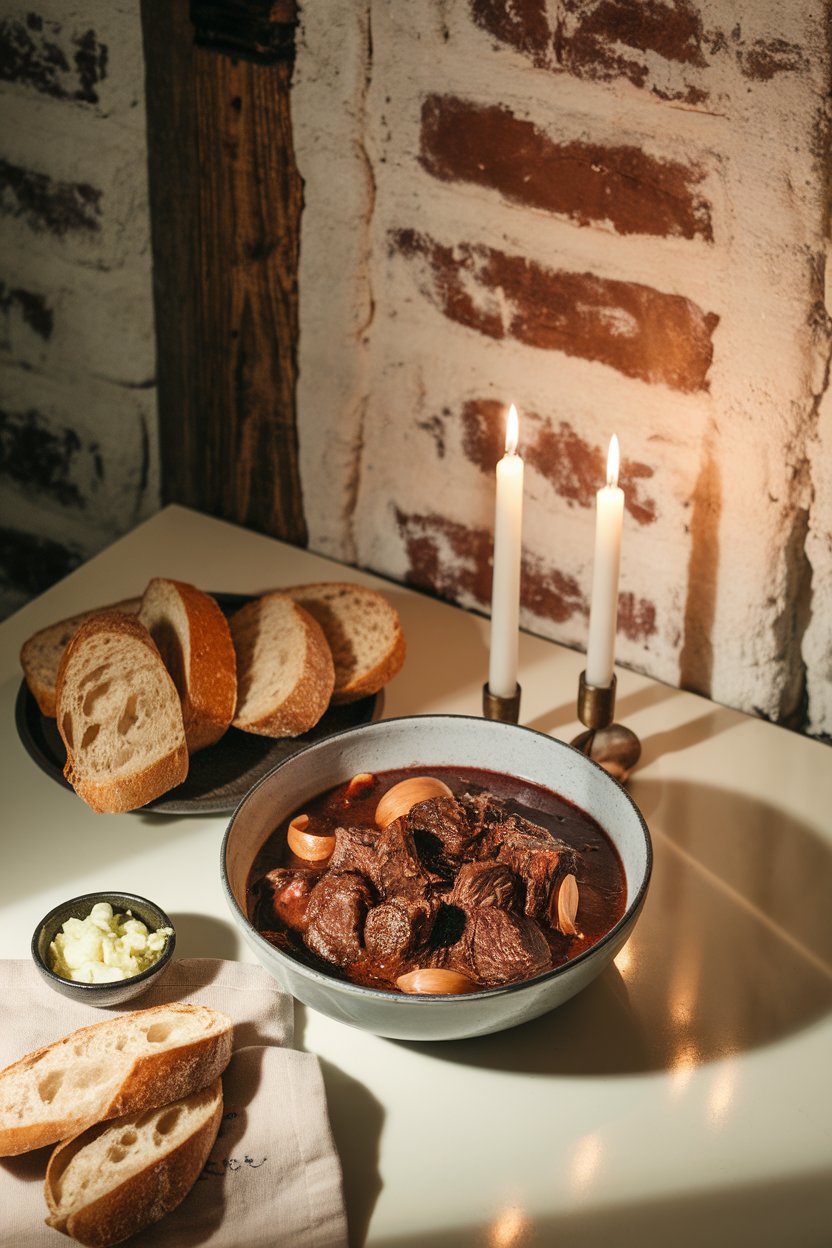 Indoor candle-lit table featuring a bowl of beef stew with whole shallots and a deep cabernet reduction. No text or logos. Photo.