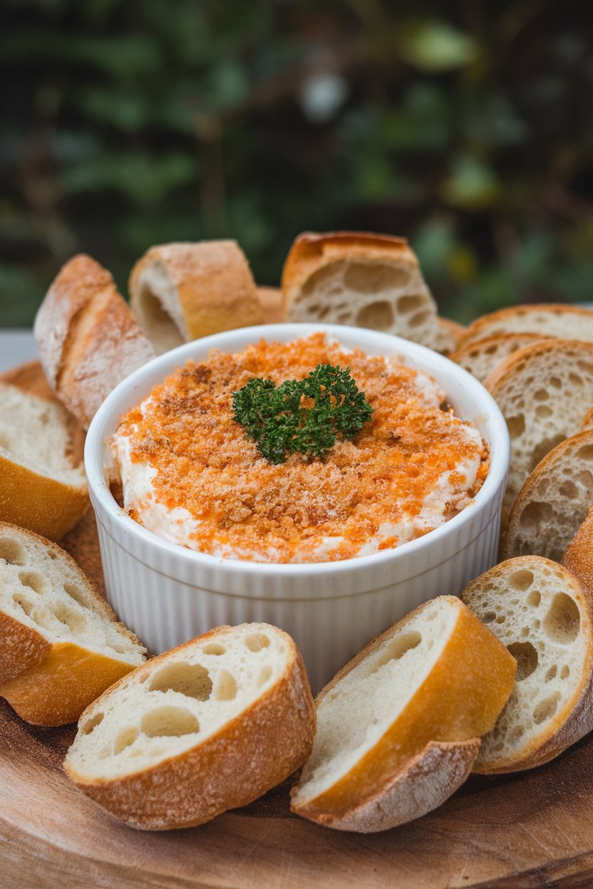 Indoor photo of a ramekin filled with creamy baked crab dip topped with breadcrumbs, surrounded by baguette slices; no text or logos.