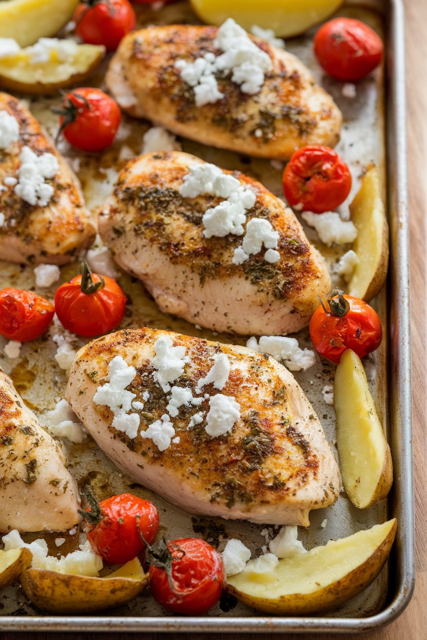 Indoor photo of a sheet pan covered in oregano-rubbed chicken breasts, golden potato wedges, cherry tomatoes that have just burst, and crumbled feta sprinkled on top. No text or logos.