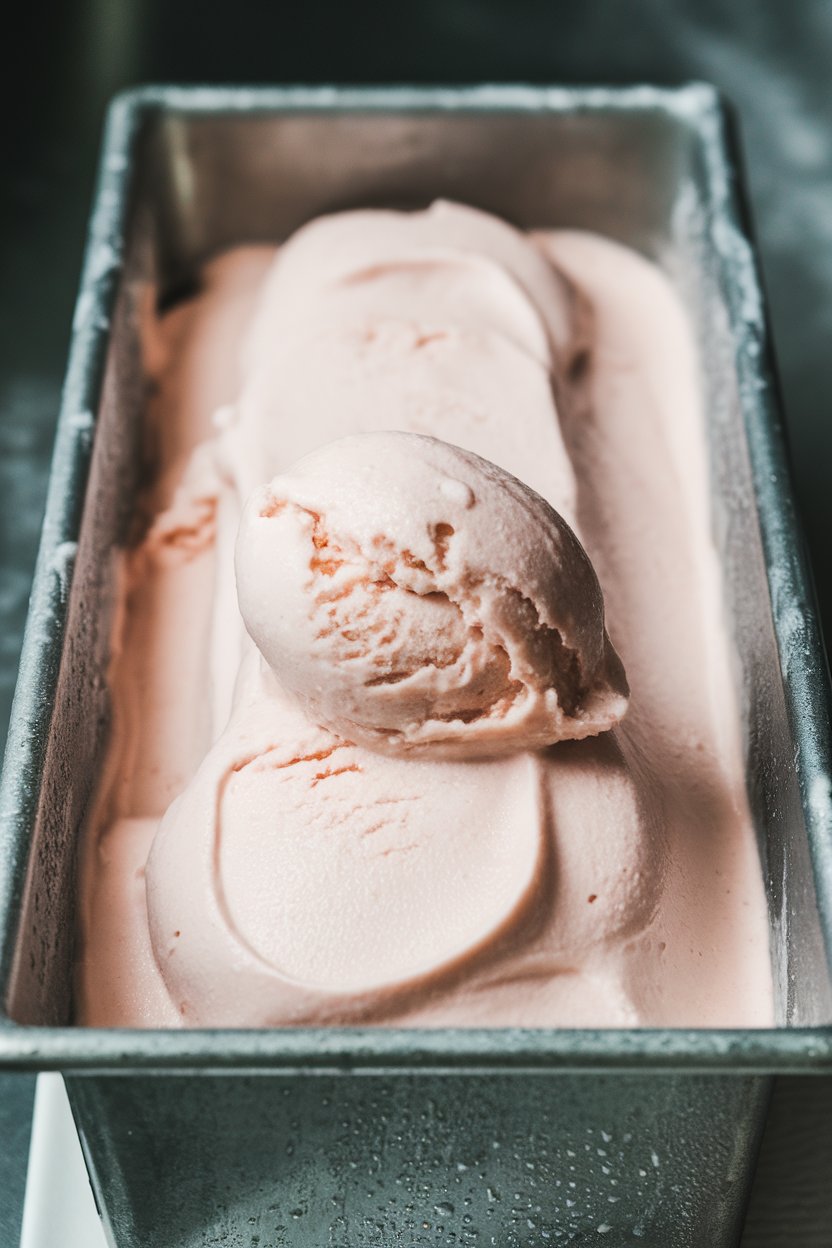 A chilled metal loaf pan of pale pink gelato with a scoop nestled inside, condensation visible under indoor lighting. No logos in frame.